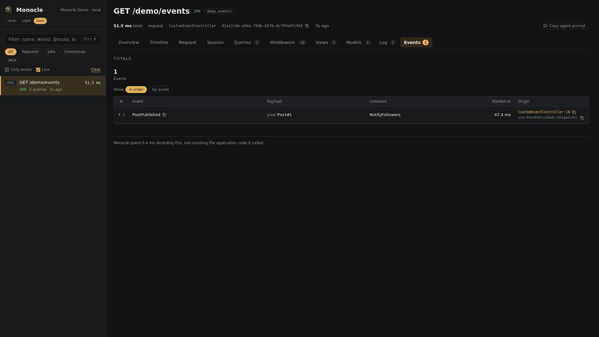 The Events tab