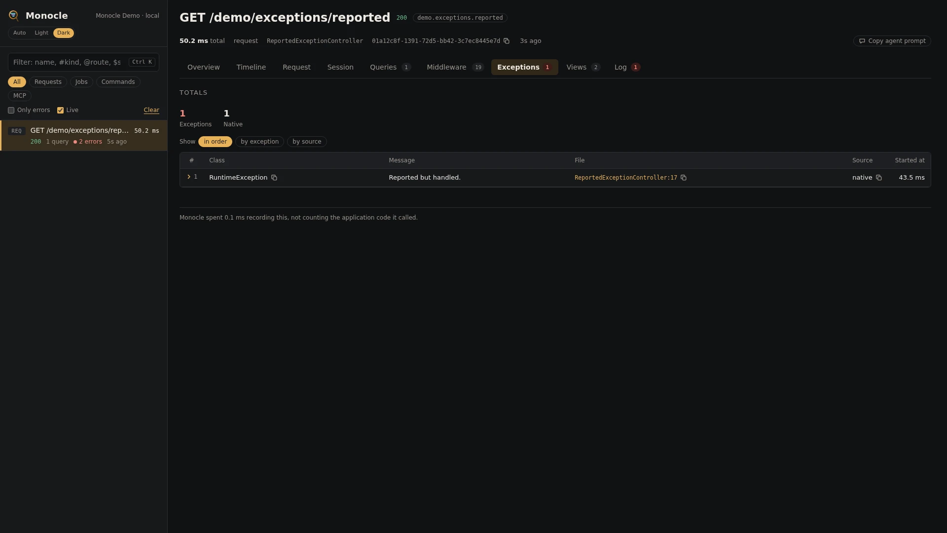 The Exceptions tab