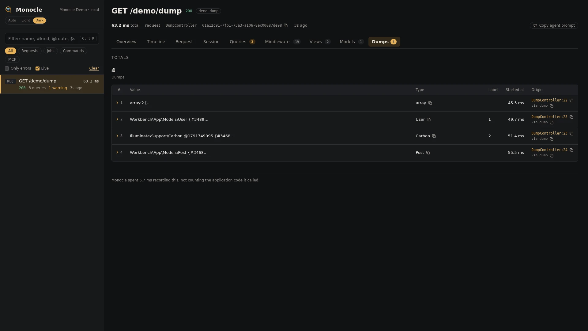 The Dumps tab