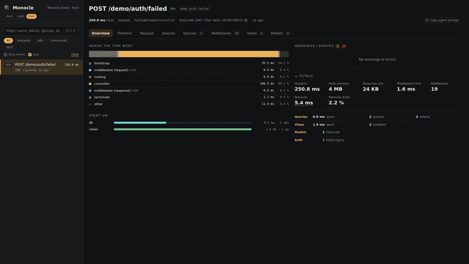 The Request tab with the auth events