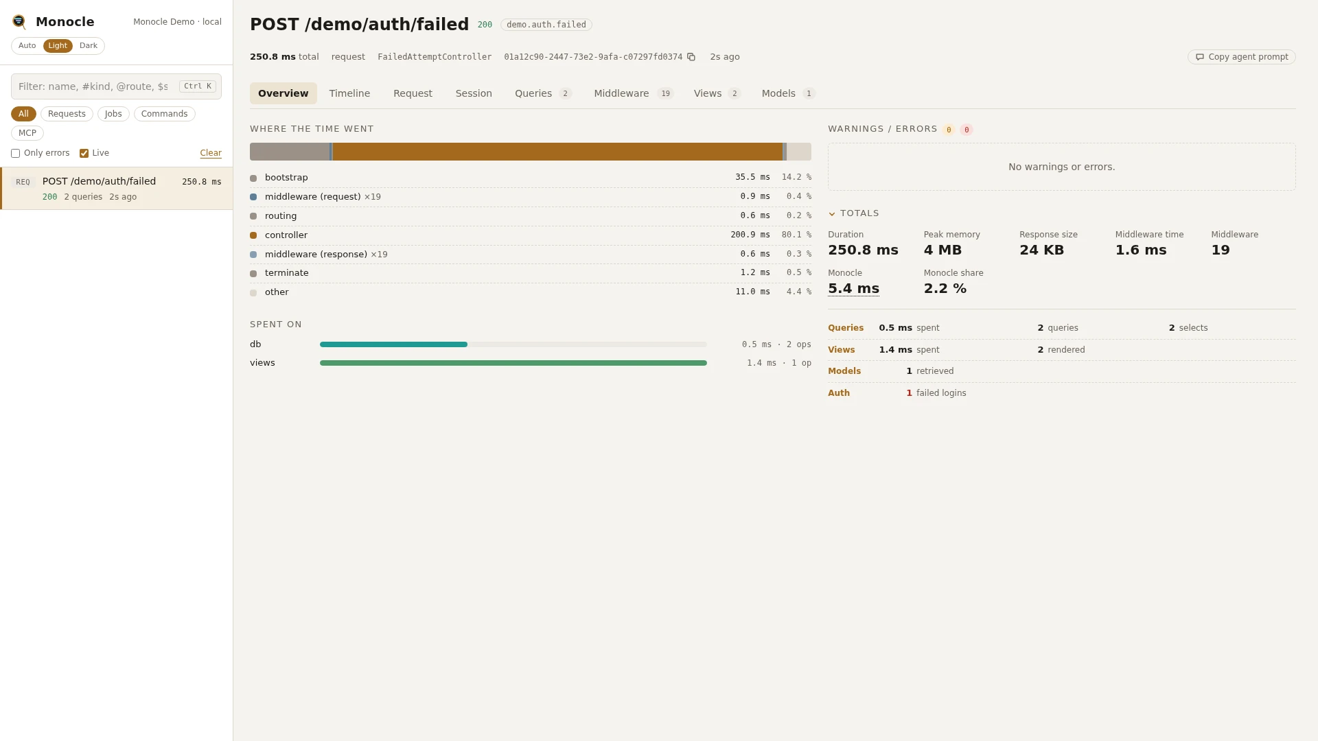 The Request tab with the auth events