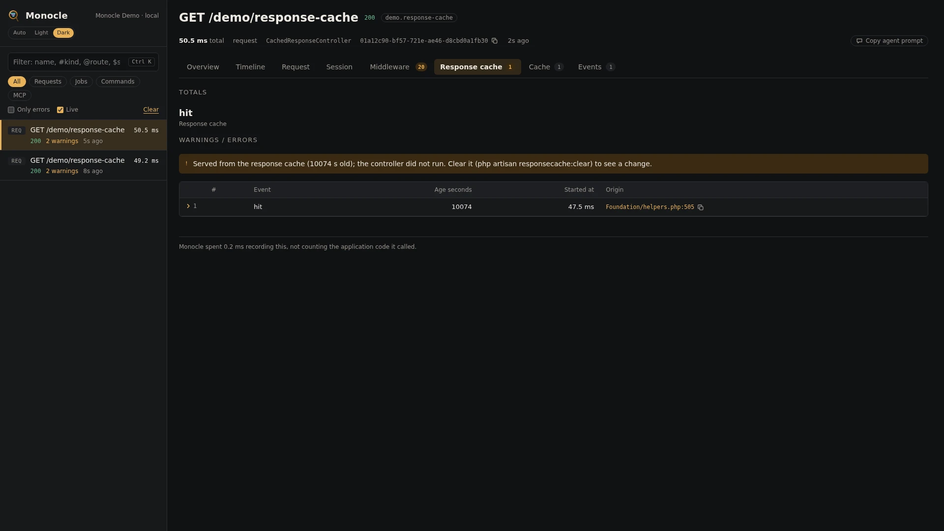 The Response cache tab