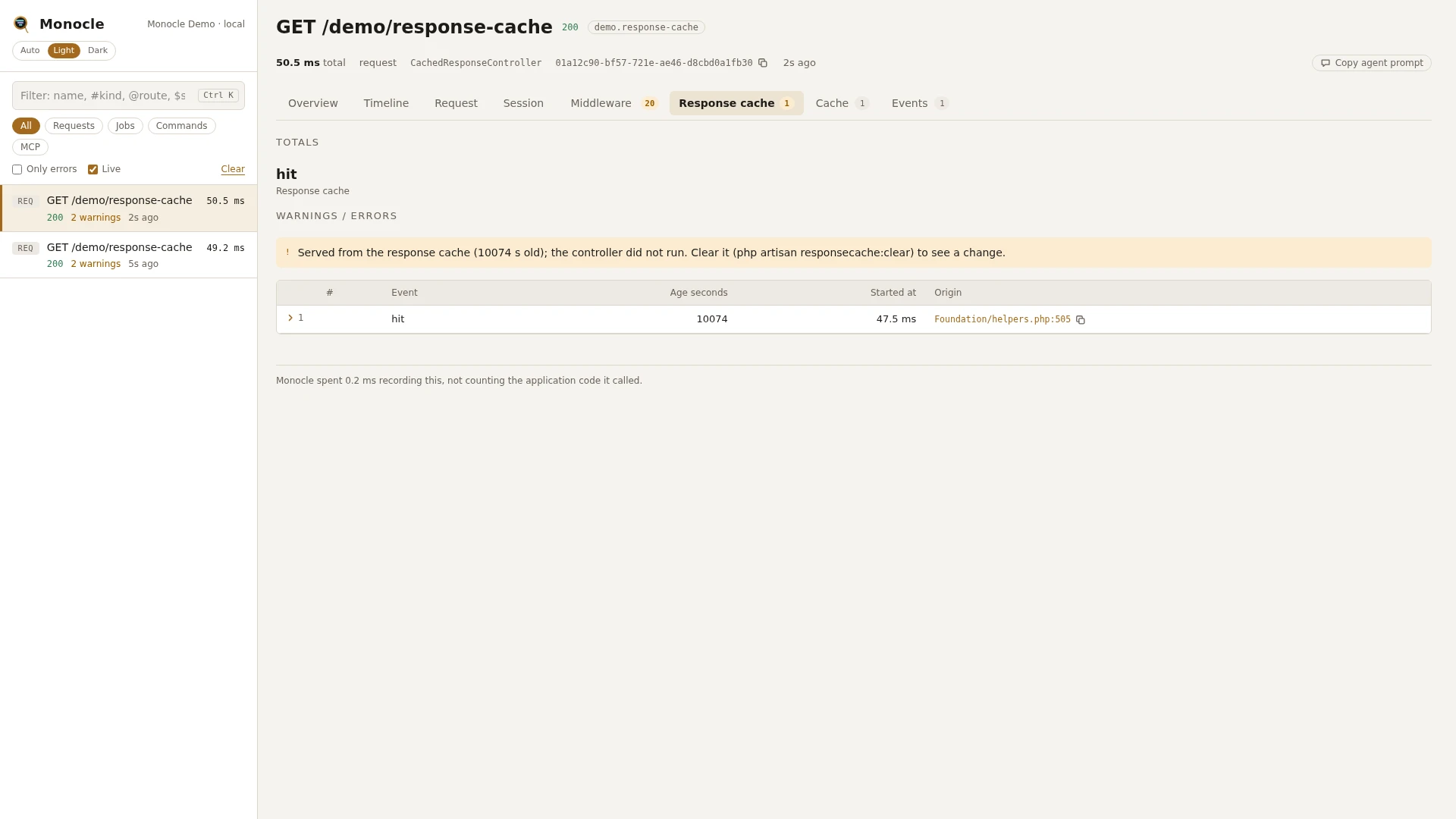 The Response cache tab