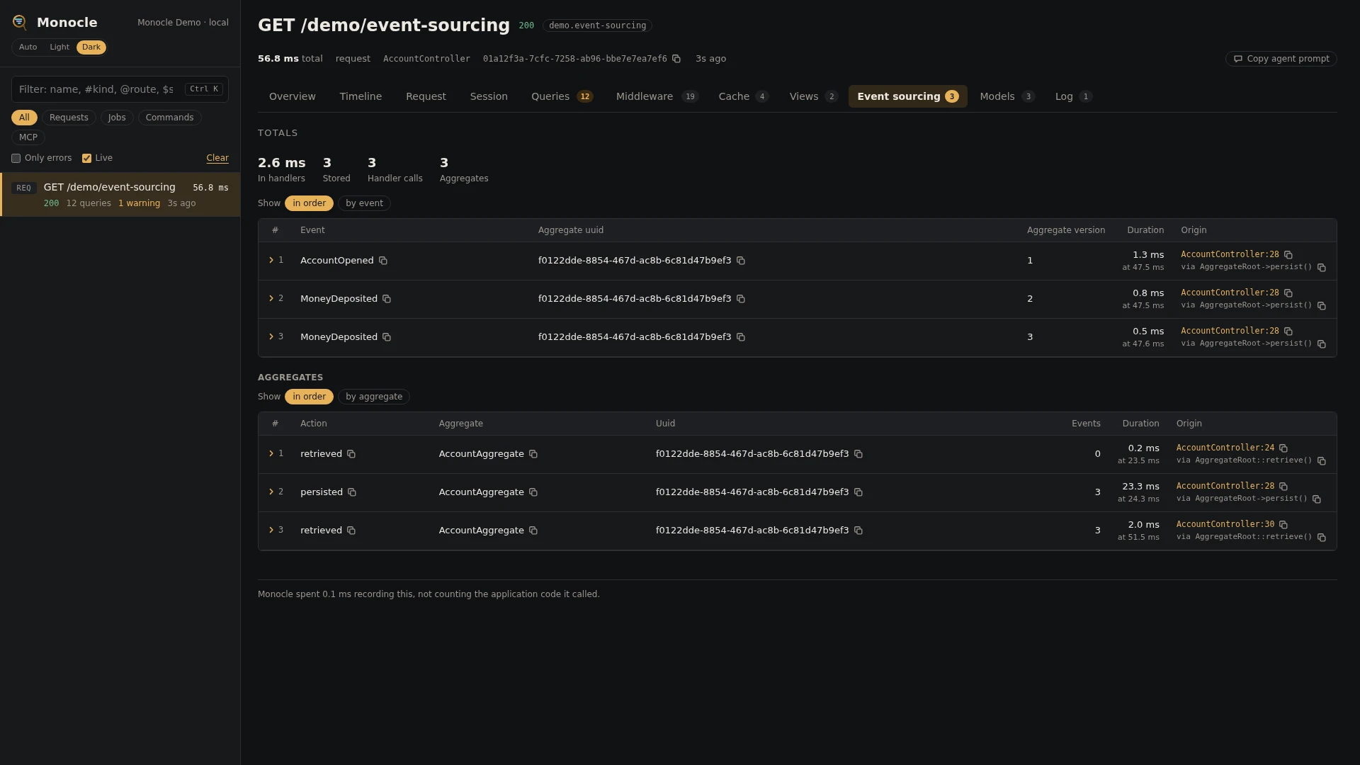 The Event sourcing tab
