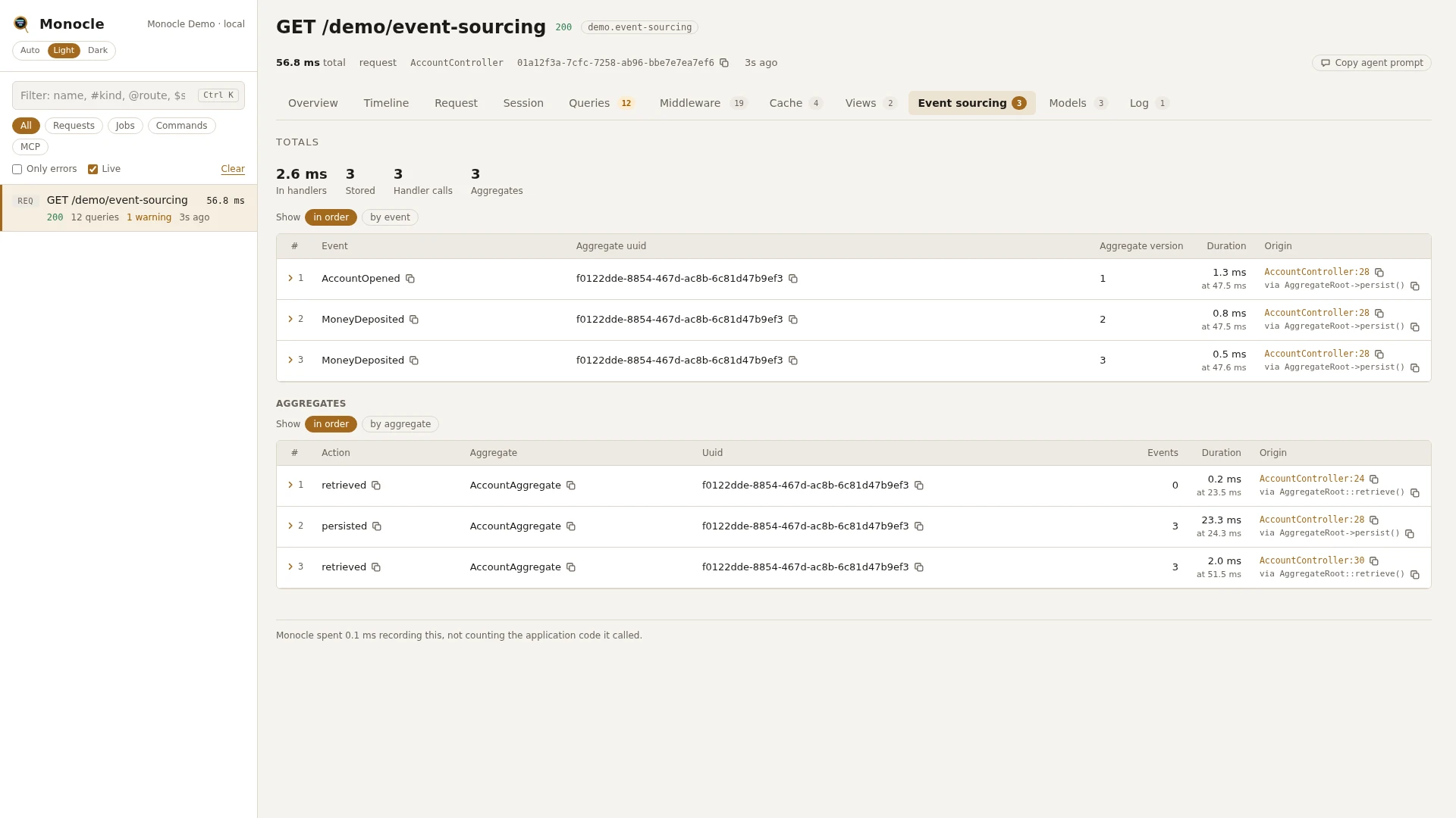 The Event sourcing tab